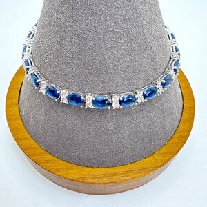 VTG Sterling Silver 925 Synthetic Sapphire & CZ Tennis Bracelet Size 7.5" Length